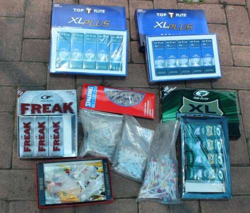 BULK LOT OF GOLF BALLS, TEE'S AND NEW GLOVE. SEE DESCRIPTION