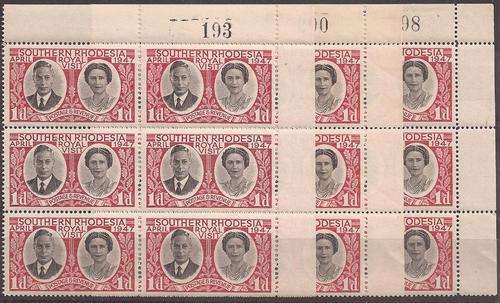 UMM SOUTHERN RHODESIA ROYAL VISIT SHEET NUMBER BLOCKS OF 6 (X3)