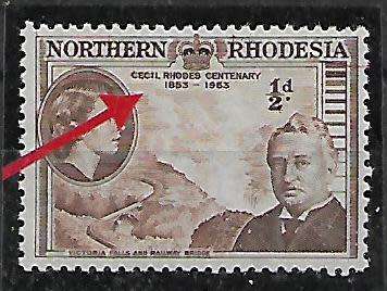 ** VARIETY**  NORTHERN RHODESIA 1953 1/2d MM. `MAJOR RE-ENTRY`. HIGH CV !!