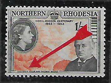 **VARIETY** NORTHERN RHODESIA 1953 1/- MM. `MAJOR RE-ENTRY FLAW`.  HIGH CV !!