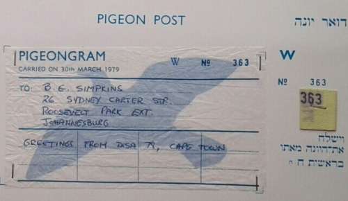 VERY SCARCE 1979 RSA PIGEON POST COVER AND CONTENTS.  SELDOM SEEN !!!  SEE PHOTOGRAPHS.