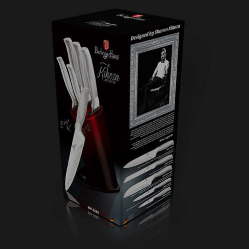 BH-2282 6 pcs knife set with stand, burgundy-black, Kikoza Collection