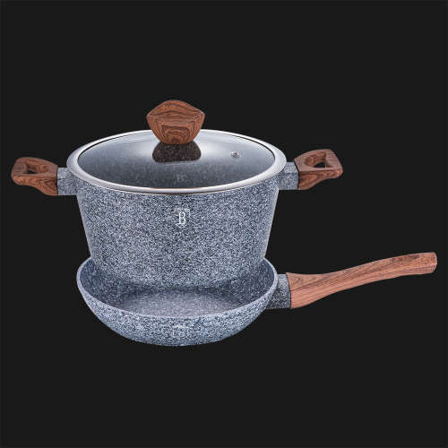 3 Piece Set Berlinger Haus BH-1217 Stone Coated Cooking Pot and Frying Pan with Glass Lids