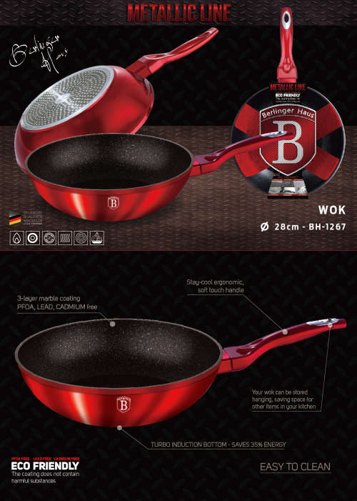 BH-1267 Wok 28 cm, Burgundy Metallic Line
