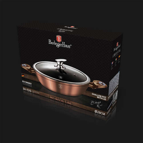 Berlinger Haus 28cm Marble Coating Shallow Pot with Lid - Rose Gold Metallic Line BH-1519