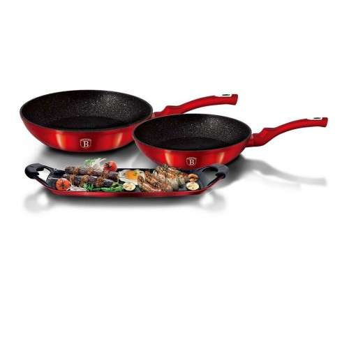 **Berlinger Haus Marble Coating Frypan & Grill Plate 3 Piece Set - Burgundy Metallic