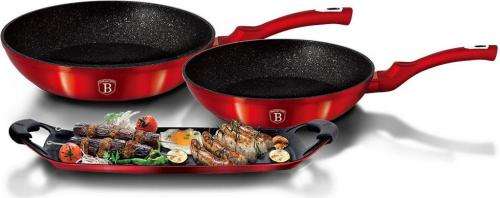**Berlinger Haus Marble Coating Frypan & Grill Plate 3 Piece Set - Burgundy Metallic
