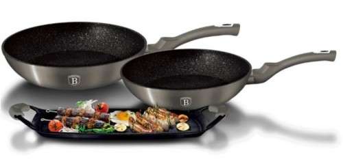Berlinger Haus Marble Coating Frypan & Grill Plate 3 Piece Set + 2 Piece - Carbon Metallic BH-1670