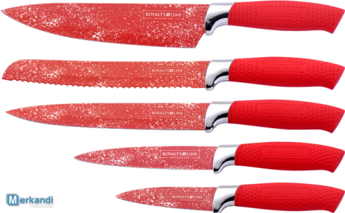 ROYALTY LINE  **5 Pcs Marble Coating Knife Set with Stand RL-5MSTR ** RED COLOR