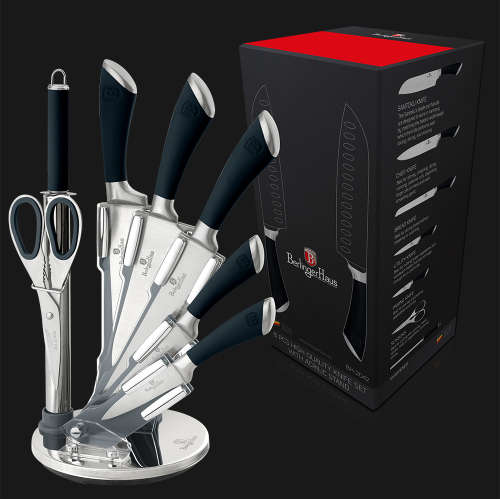 FREE SHIPPING BERLINGER HAUS BH-2042 8 pcs knife set with stand, black, SS, Infinity Line