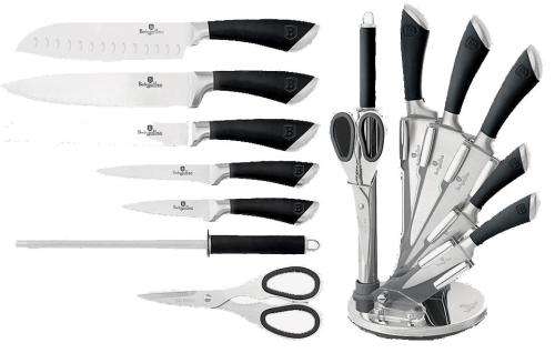 FREE SHIPPING BERLINGER HAUS BH-2042 8 pcs knife set with stand, black, SS, Infinity Line
