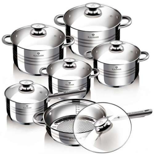 **FREE SHIPPING**Blaumann 12-Piece Stainless Steel Jumbo Cookware Set With Glass Lid - Bl-1031