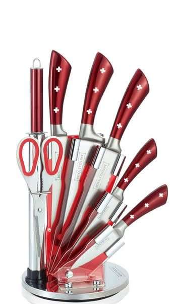 Royalty Line 8-Piece Stainless Steel Knife Set and Stand - Burgundy, RL-KSS820
