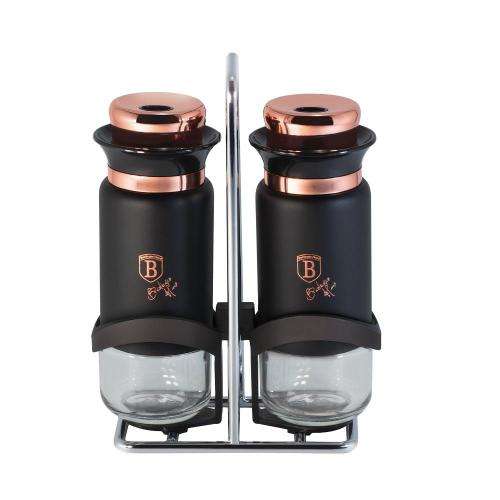 BERLINGER HAUS 3-PIECE STAINLESS STEEL & GLASS SALT AND PEPPER SHAKER SET - BLACK ROSE EDITION