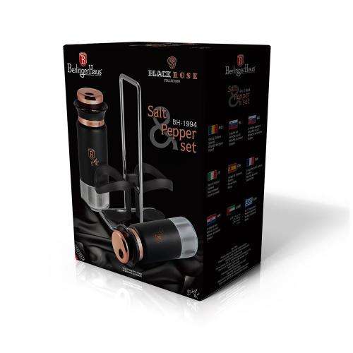 BERLINGER HAUS 3-PIECE STAINLESS STEEL & GLASS SALT AND PEPPER SHAKER SET - BLACK ROSE EDITION