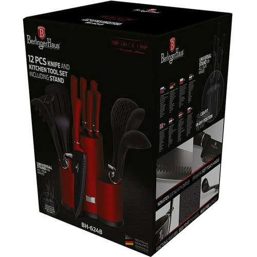 BERLINGER HAUS 12 PIECE KNIFE SET WITH STAND AND KITCHEN TOOLS - BURGUNDY METALLIC