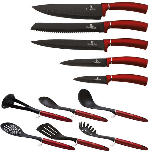 BERLINGER HAUS 12 PIECE KNIFE SET WITH STAND AND KITCHEN TOOLS - BURGUNDY METALLIC