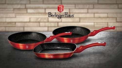 berlinger haus 3-piece marble coating fry and grill pan set - burgundy metallic