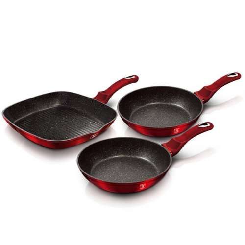 berlinger haus 3-piece marble coating fry and grill pan set - burgundy metallic