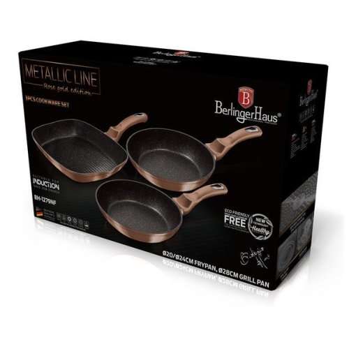 BERLINGER HAUS 3-PIECE MARBLE COATING FRY & GRILL PAN SET - ROSE GOLD