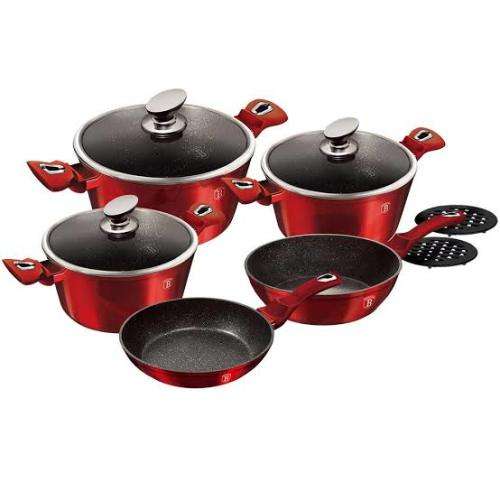 BERLINGER HAUS 10-PIECE MARBLE COATING COOKWARE SET - BURGUNDY METALLIC