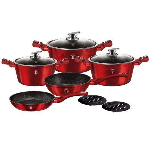 BERLINGER HAUS 10-PIECE MARBLE COATING COOKWARE SET - BURGUNDY METALLIC