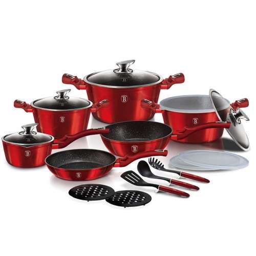 Berlinger Haus 18-Piece Marble Coating Smart Lid Cookware Set - Burgundy