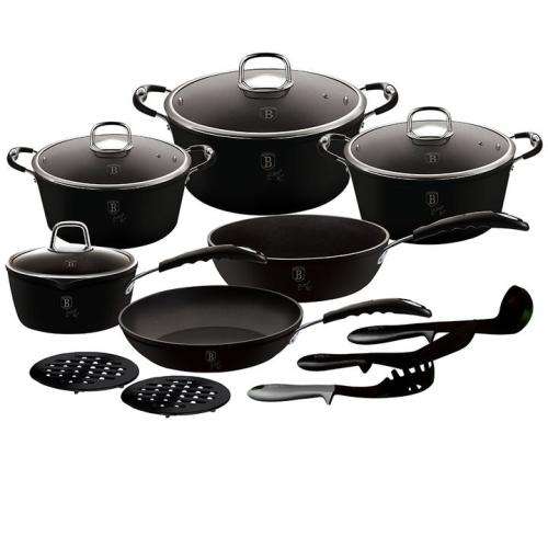 Berlinger haus 15 piece marble coating oven safe cookware set - black professional line