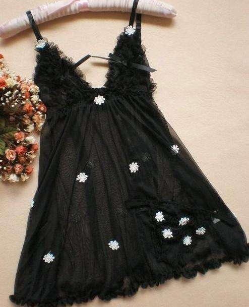 Hot Women's Sexy Black dress lingerie and white flowers +G-string