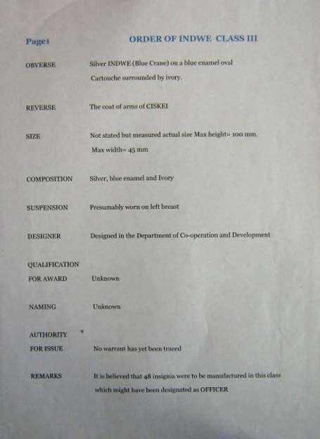 CISKEI medal set - Order of Indwe