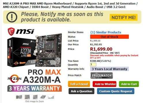 MSI A320M PRO-A MAX AMD AM4 m-ATX Gaming Motherboard