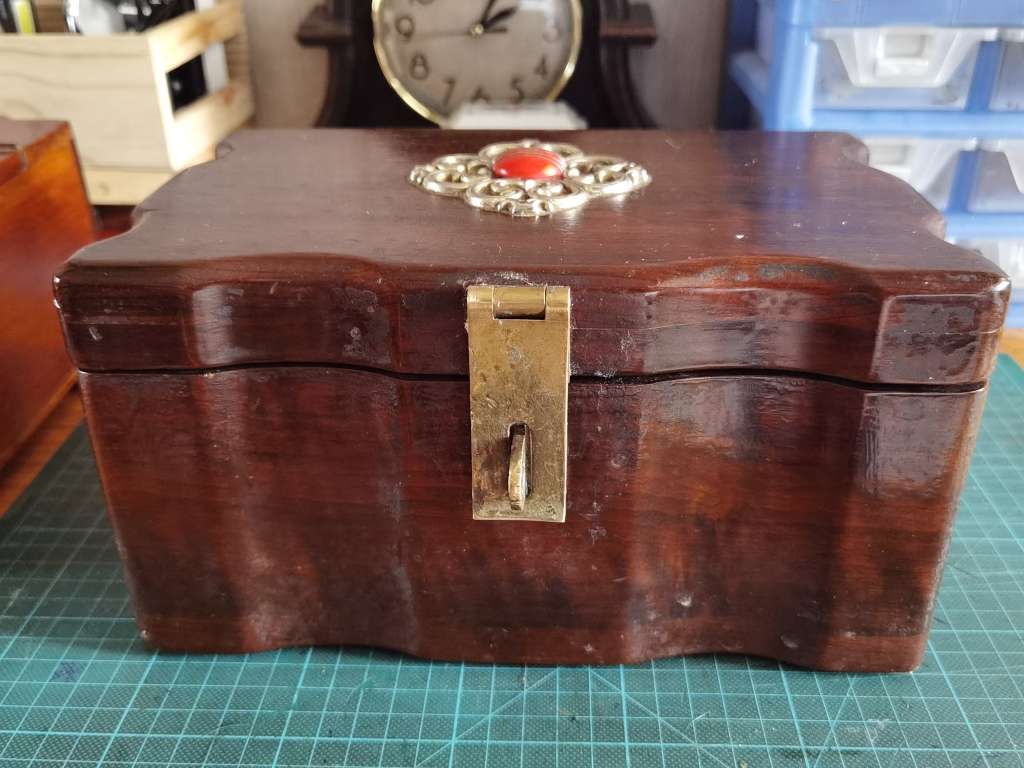 Vintage/antique wooden keep sake box with red velvet lining