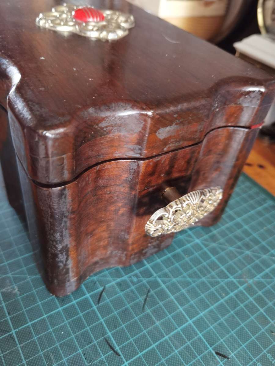 Vintage/antique wooden keep sake box with red velvet lining