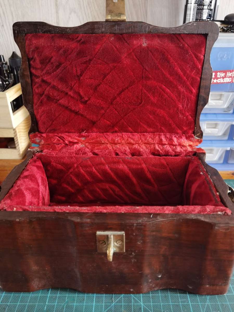 Vintage/antique wooden keep sake box with red velvet lining