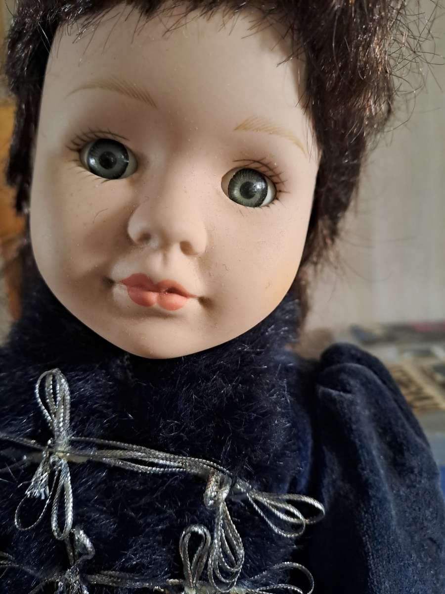 Vintage Porcelain doll 40cm tall with stand, please read description