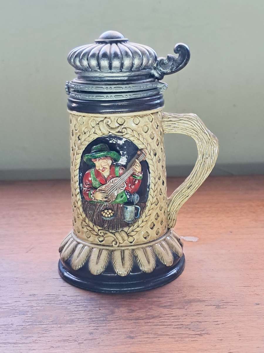 German Beer stein with Puiter lid hand painted