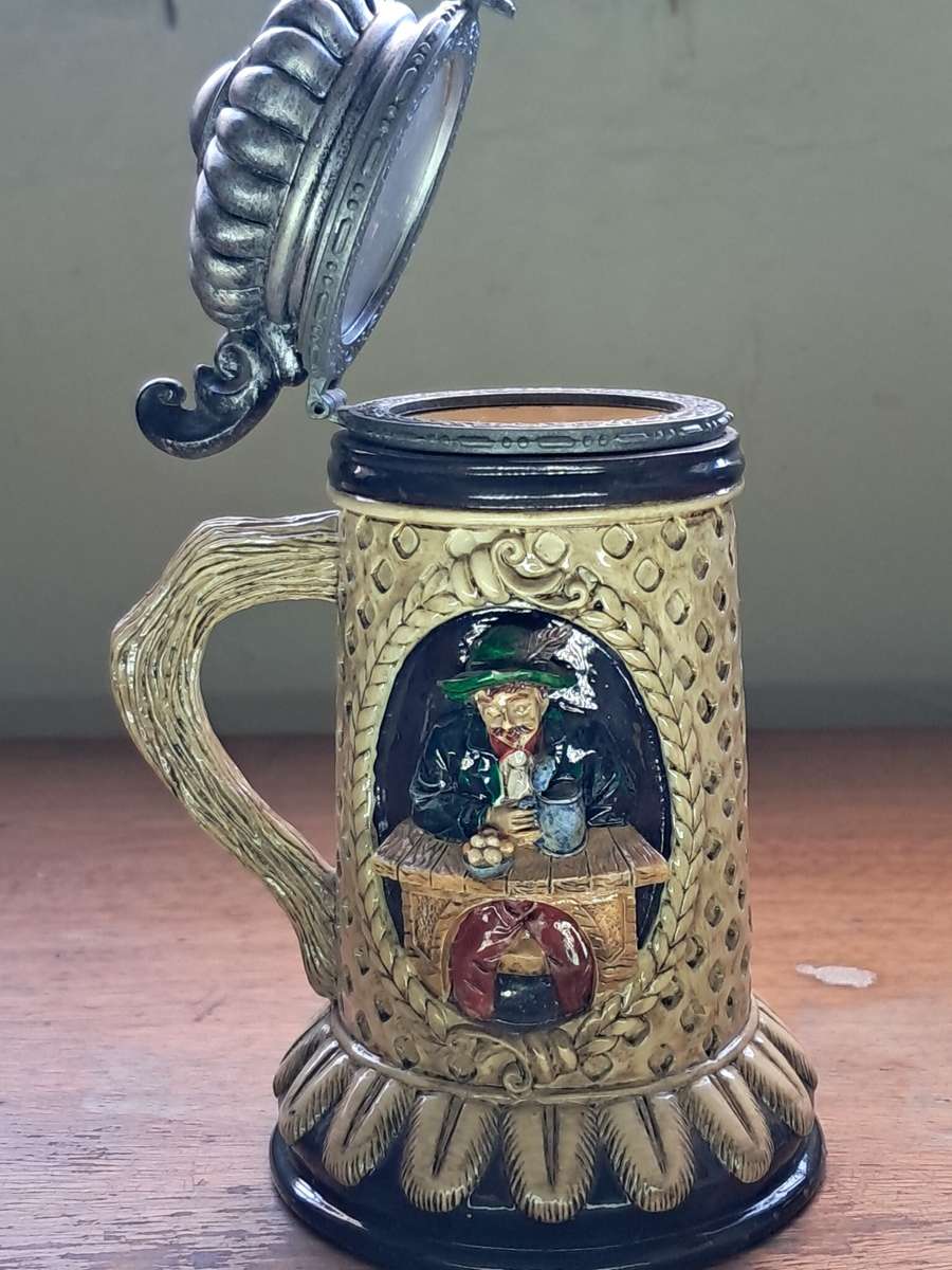 German Beer stein with Puiter lid hand painted