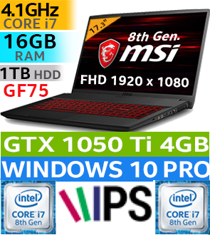 **GAMING**MSI G75 Thin**8th Gen i7-8750H**512GB SSD**16GB DDR4**17.3` FHD**GTX 1050Ti**