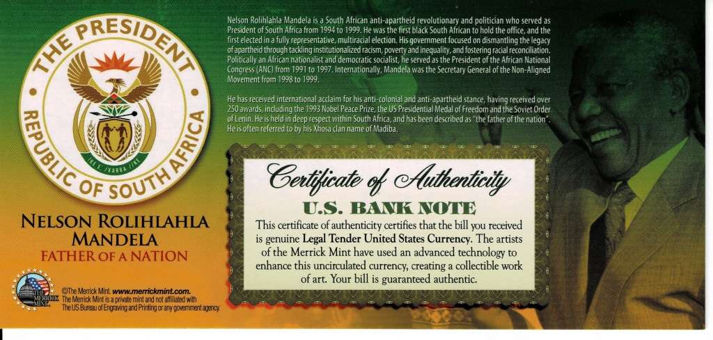 Crazy Low Start! 2 Dollar Mandela Commemorative Note. Extremely Scares