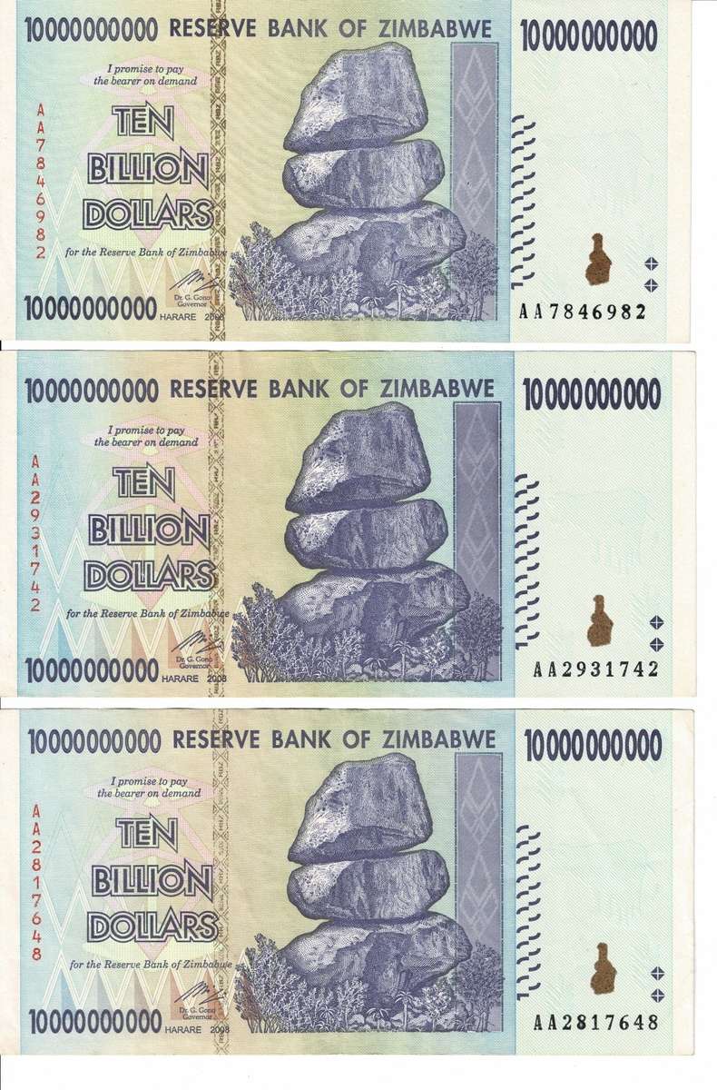 Crazy R1 Start! 6x Ten Billion Dollars Notes. Zimbabwe - Circulated