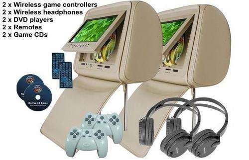 2 x Beige Car Headrest DVD, games & music players. IN STOCK NO WAITING! GREAT GIFT