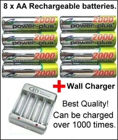 8 x AA Rechargeable batteries & Wall Charger Best quality. You are going to need this!