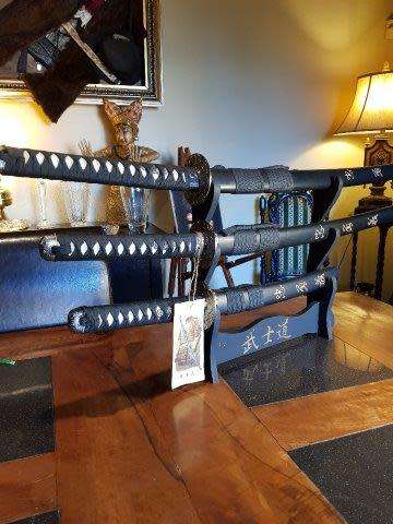 Set of 3 Last Samurai Swords with the Original Label on a Stand