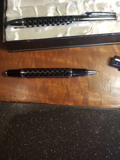 Boxed Set of Balmain Chequer Ball Point and Roller Ball Pens