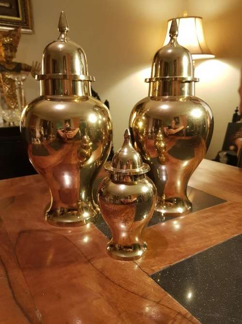 Set of 3 Heavy Brass Urns Tallest 36cm