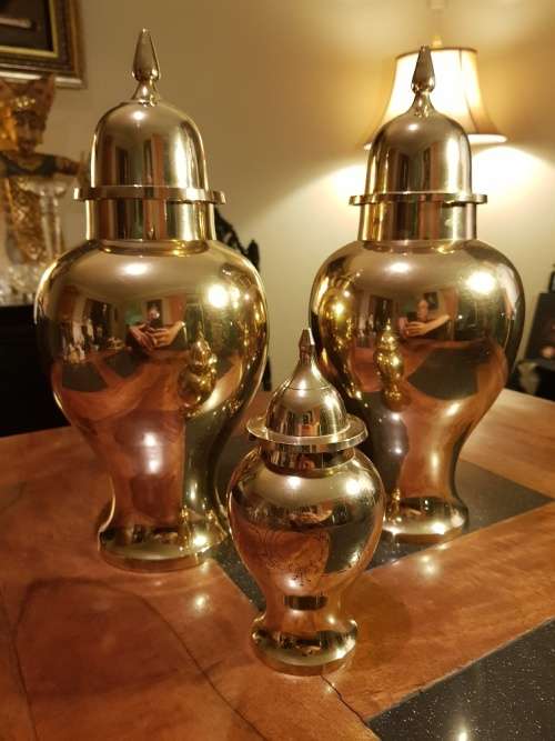 Set of 3 Heavy Brass Urns Tallest 36cm