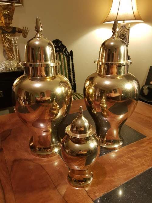 Set of 3 Heavy Brass Urns Tallest 36cm