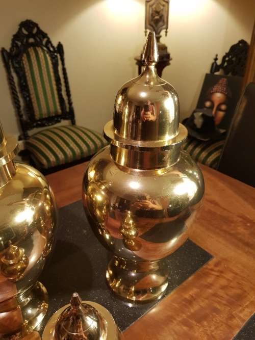 Set of 3 Heavy Brass Urns Tallest 36cm