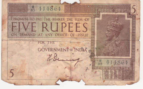 #*CRAZY R1 START# India 5 rupees Sign H DENNING 1925