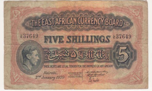 east africa 5 shillings 1939